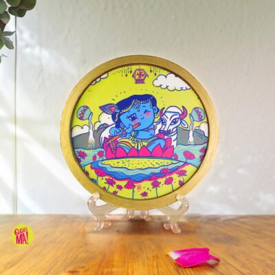 Lord Krishna Gold Rim Wood Wall Plate
