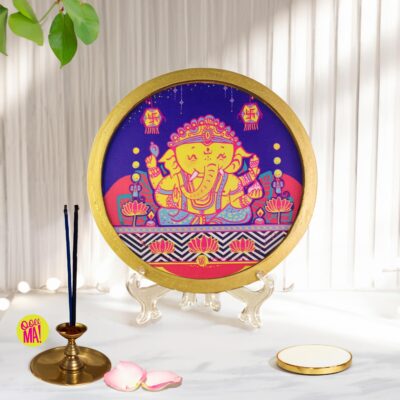 Lord Ganesha Gold Rim Wood Wall Plate