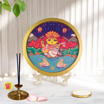 Goddess Sarasvati Gold Rim Wood Wall Plate